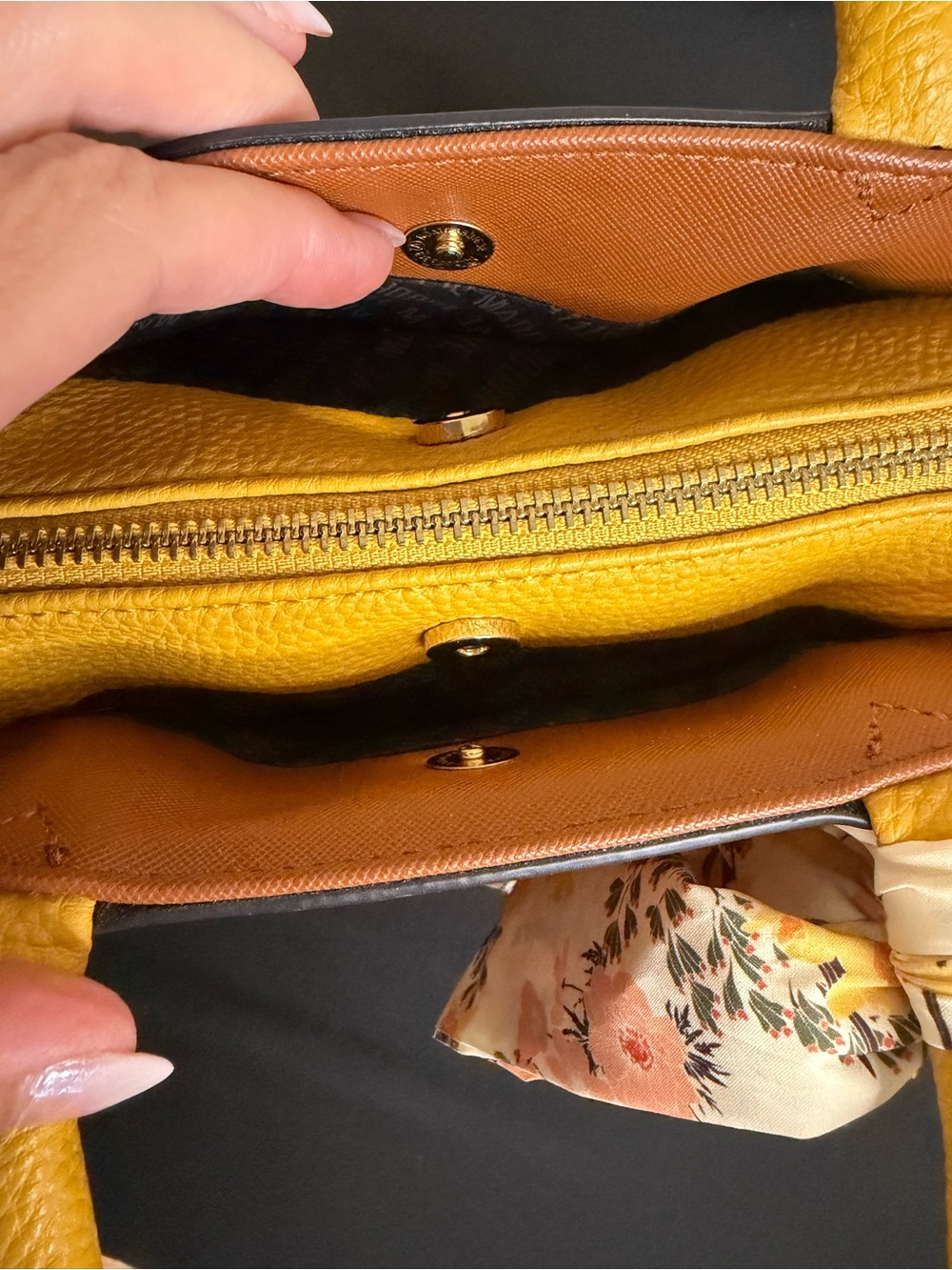 Steve Madden Tan Satchel with Yellow Top Handle and Floral Scarf - Picture 10 of 10